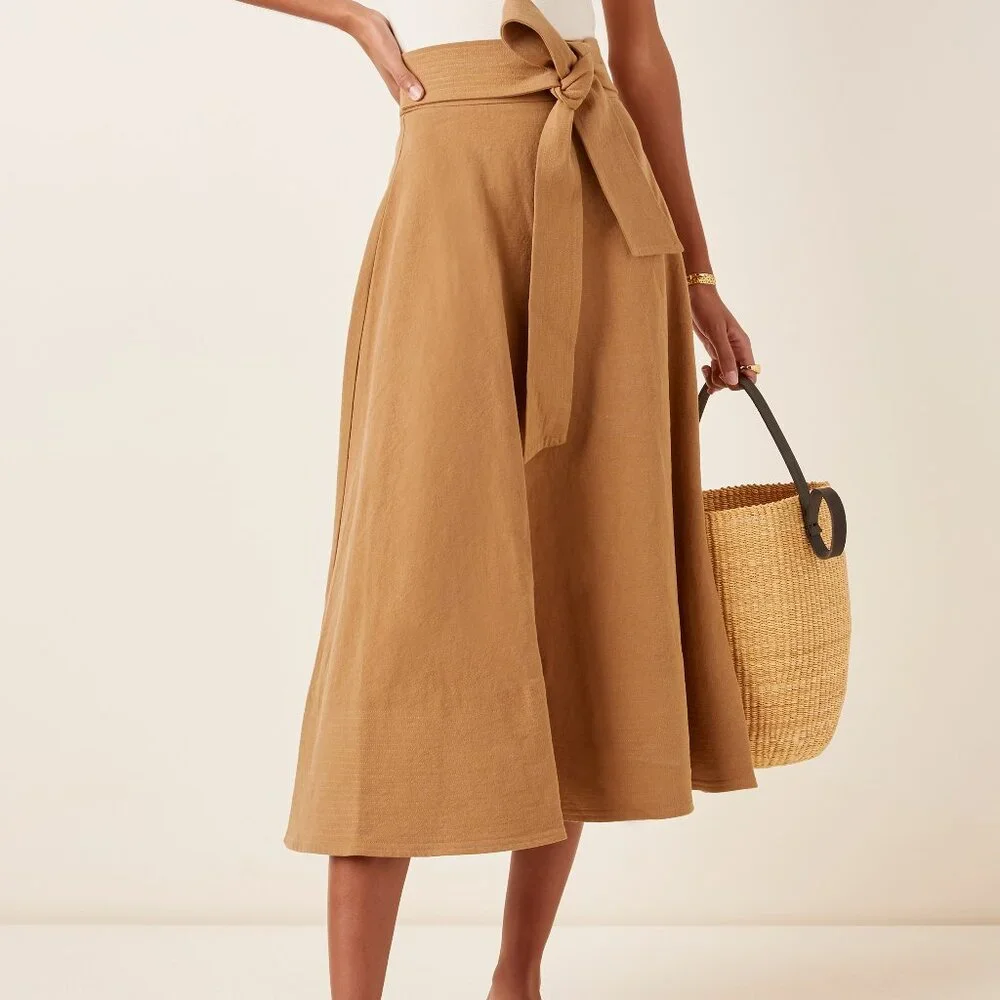 St. Agni Manami Belted Cotton-Linen A-Line Midi Skirt NWT - Picture 1 of 4